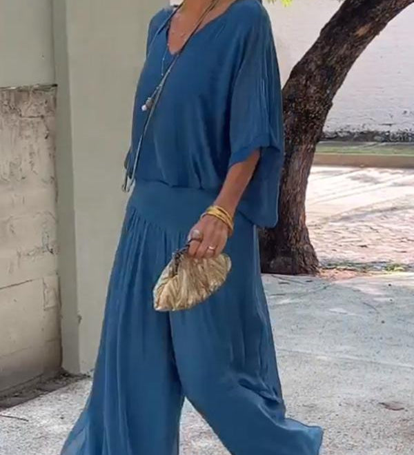 ESMERALDA – SET DIN DOUĂ PIESE CU PANTALONI LARGI DIN CHIFFON ELEGANT