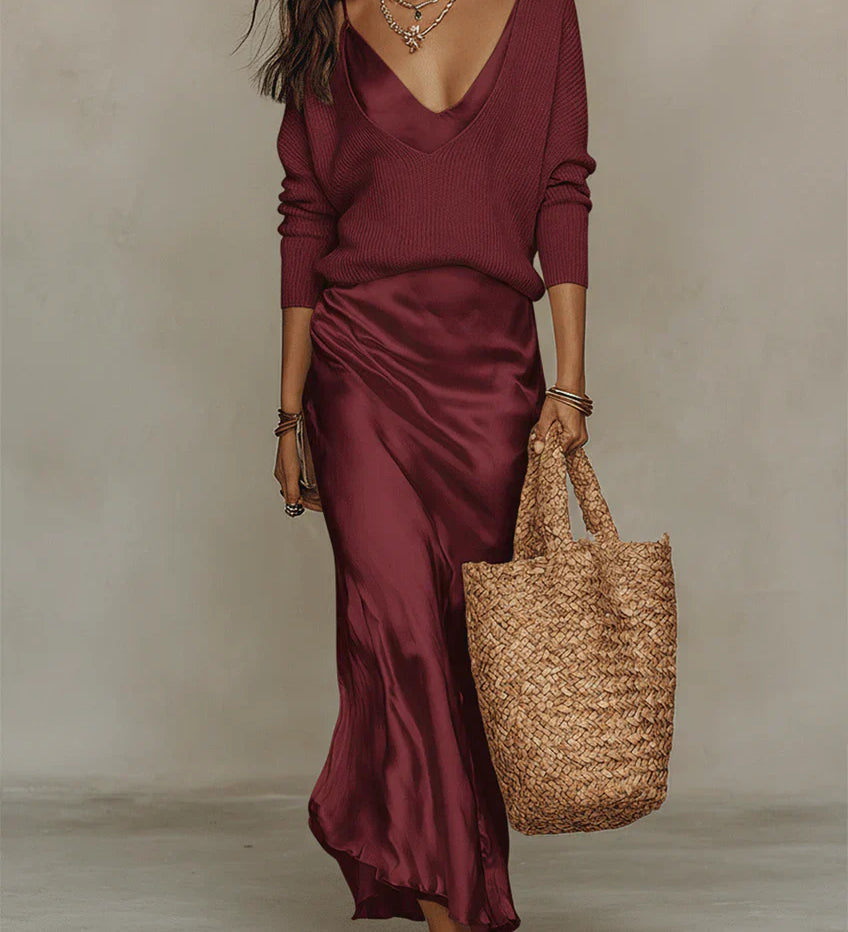 Elena | Rochie midi din satin cu pulover inclus