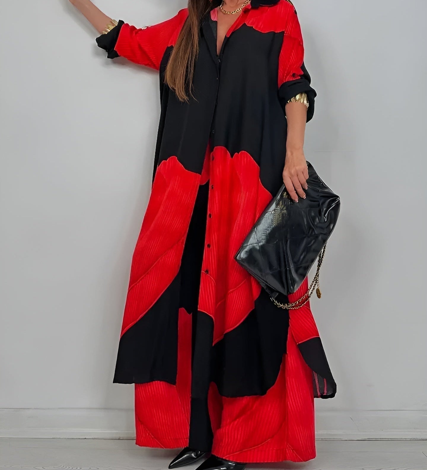 ISABEAU – SET TOP CU PRINT PATCHWORK TENDENȚĂ ȘI PANTALONI LARGI