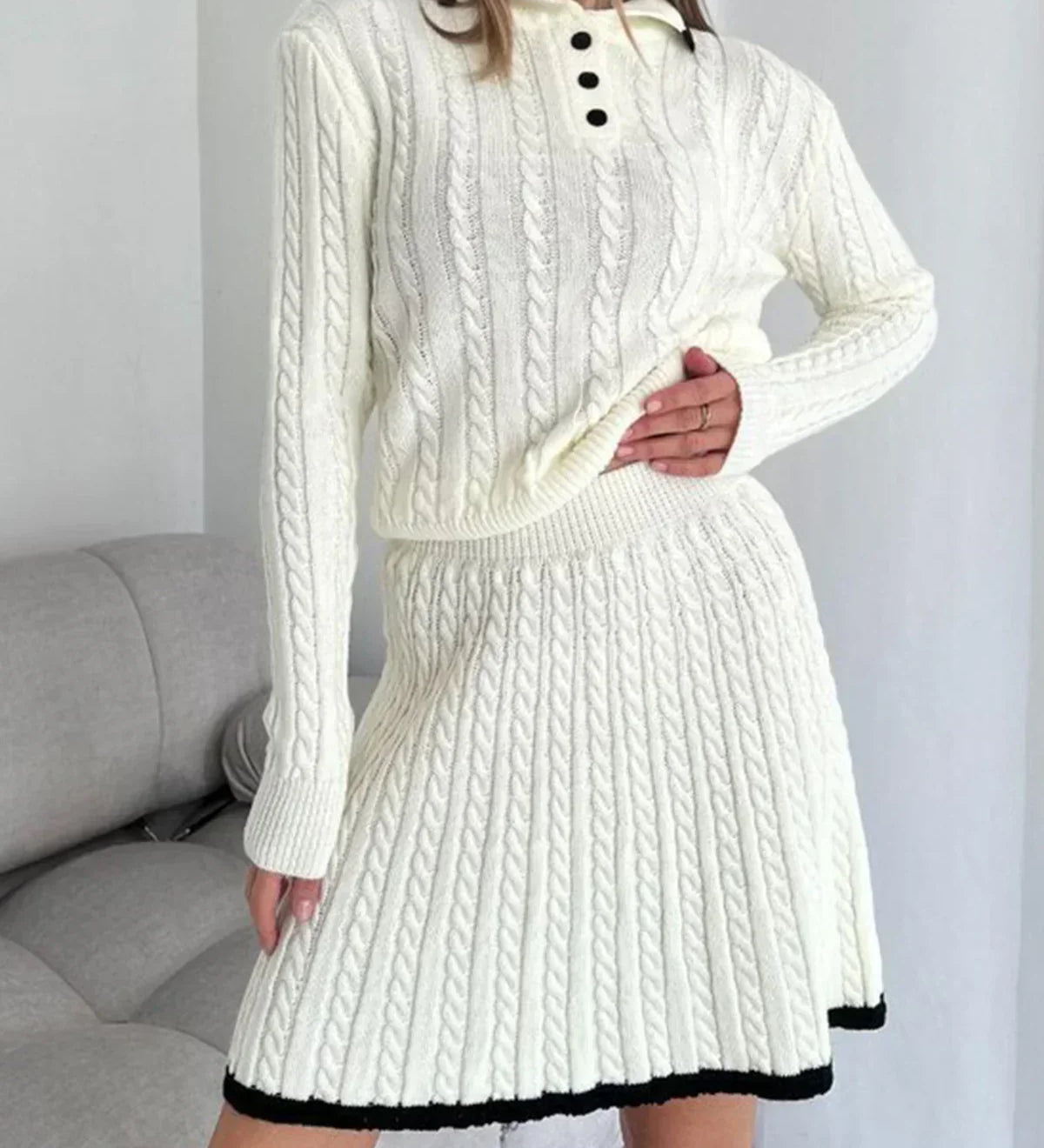 Set fustă cu rever și tricotat în caAlbastru