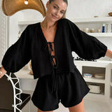 Set format din pantaloni scurți și Albastruză cu mânecă lungă, cu detaliu de fundă