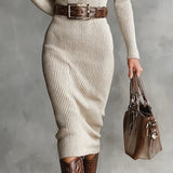 Emma | Rochie din tricot cu Galbener mediu înalt și curea