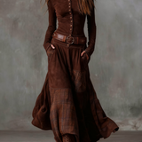 Lorena | Rochie lungă vintage din ante cu carouri Albastrumarin (include curea)
