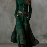 Lorena | Rochie lungă vintage din ante cu carouri Albastrumarin (include curea)
