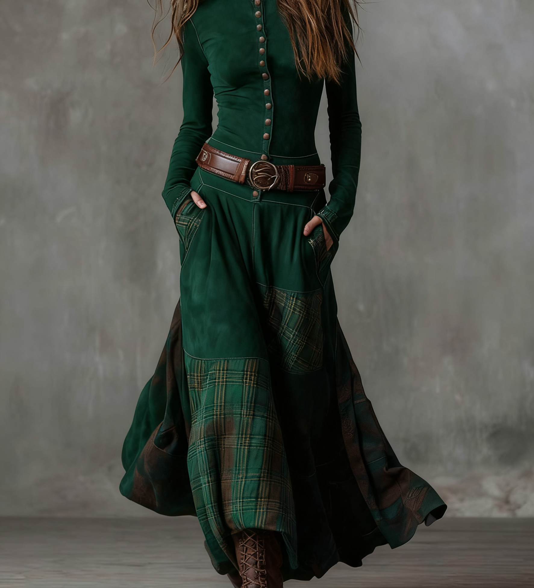 Lorena | Rochie lungă vintage din ante cu carouri Albastrumarin (include curea)