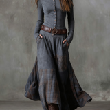 Lorena | Rochie lungă vintage din ante cu carouri Albastrumarin (include curea)