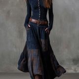 Lorena | Rochie lungă vintage din ante cu carouri Albastrumarin (include curea)