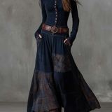 Lorena | Rochie lungă vintage din ante cu carouri Albastrumarin (include curea)