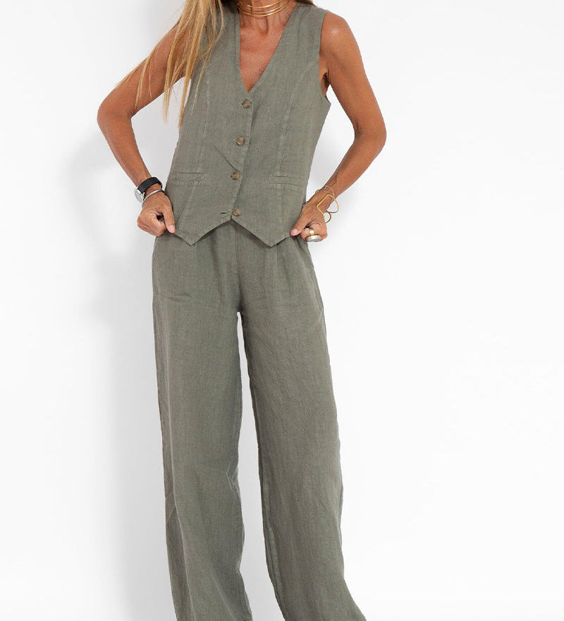 Jessica - Set Vestă cu Nasturi și Pantaloni Largi