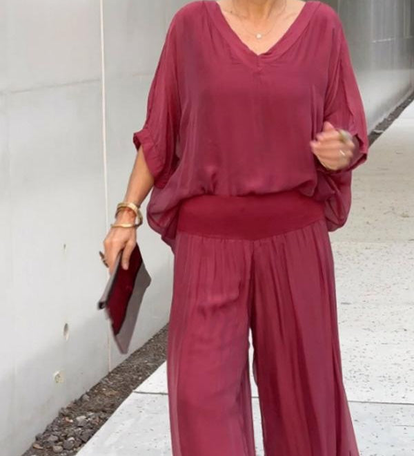 ESMERALDA – SET DIN DOUĂ PIESE CU PANTALONI LARGI DIN CHIFFON ELEGANT