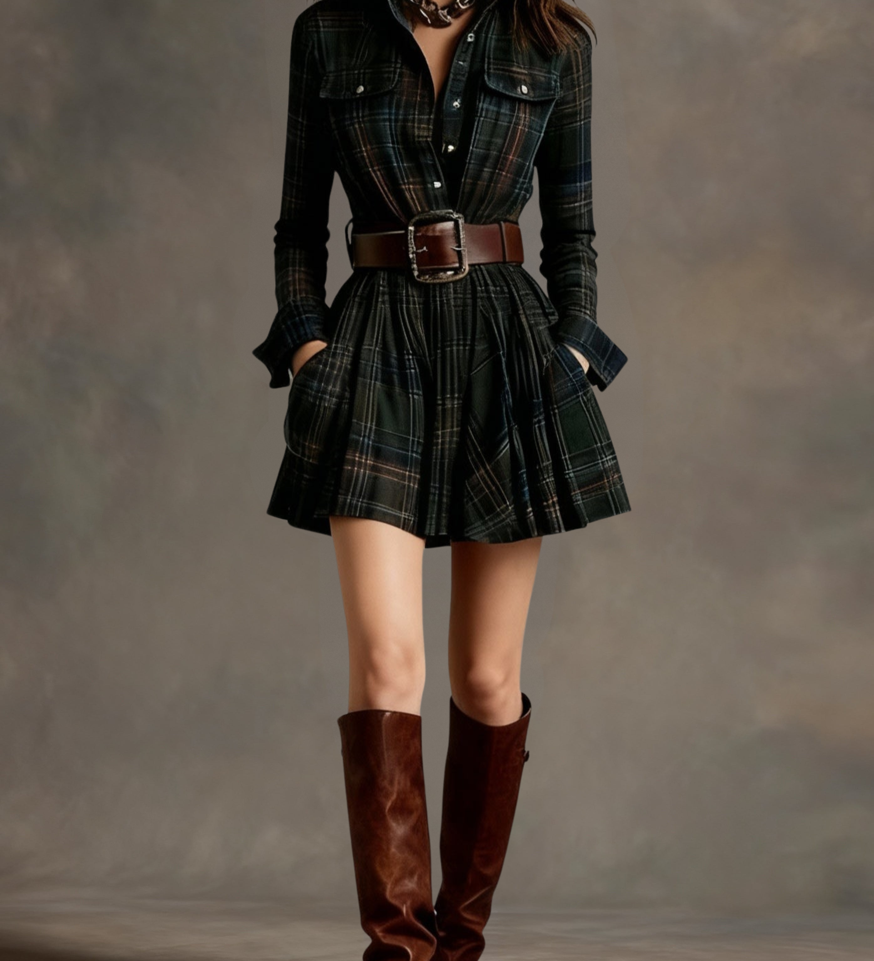 Paz | Rochie scurtă vintage cu carouri roșii și maronii, cu rever (include curea)