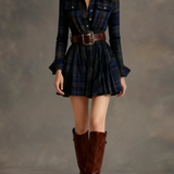 Paz | Rochie scurtă vintage cu carouri roșii și maronii, cu rever (include curea)