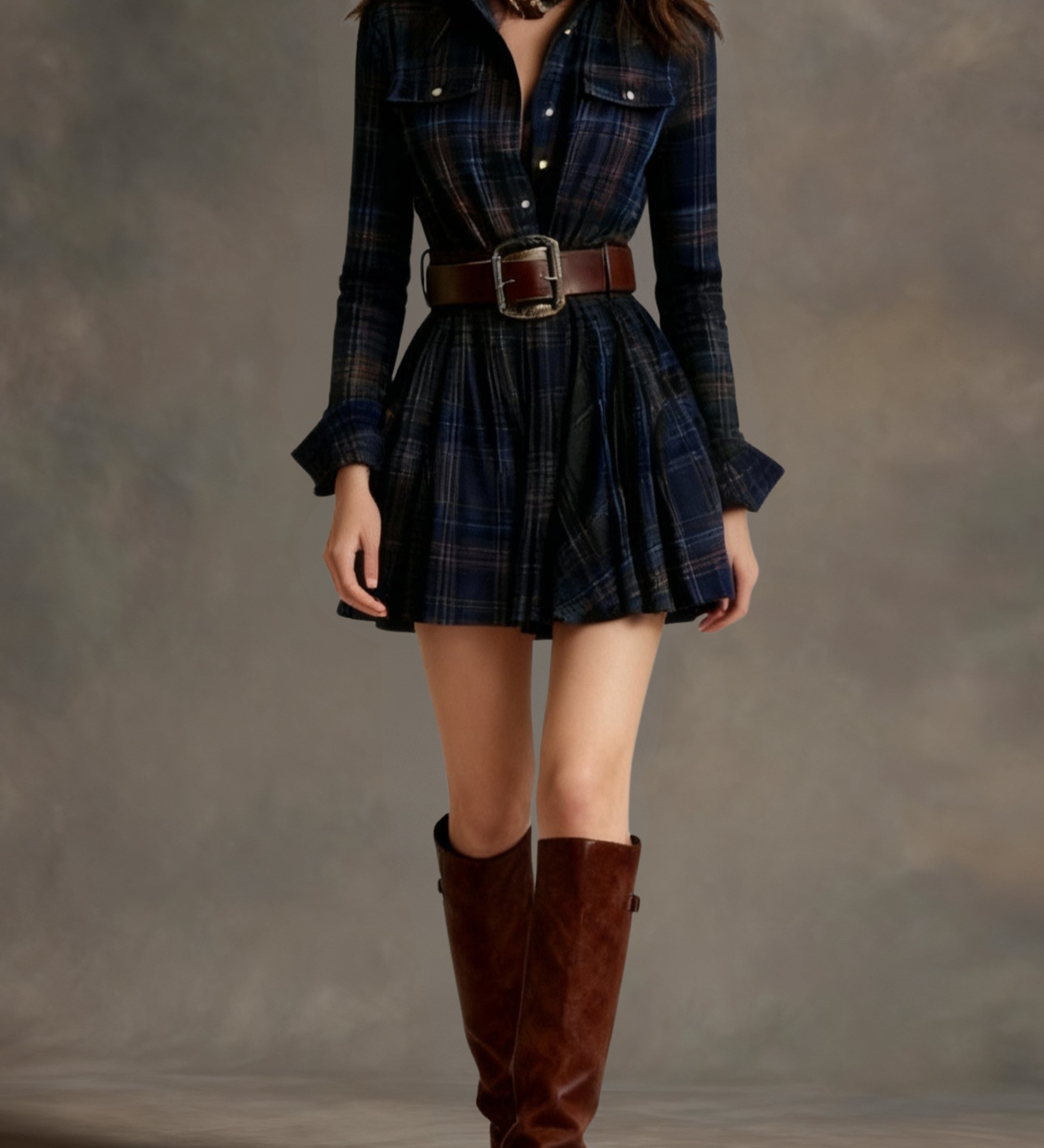 Paz | Rochie scurtă vintage cu carouri roșii și maronii, cu rever (include curea)