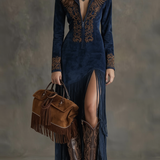 Valentina | Rochie lungă stil western cu jumătate de fermoar, broderie și franjuri