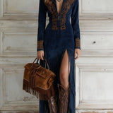 Valentina | Rochie lungă stil western cu jumătate de fermoar, broderie și franjuri